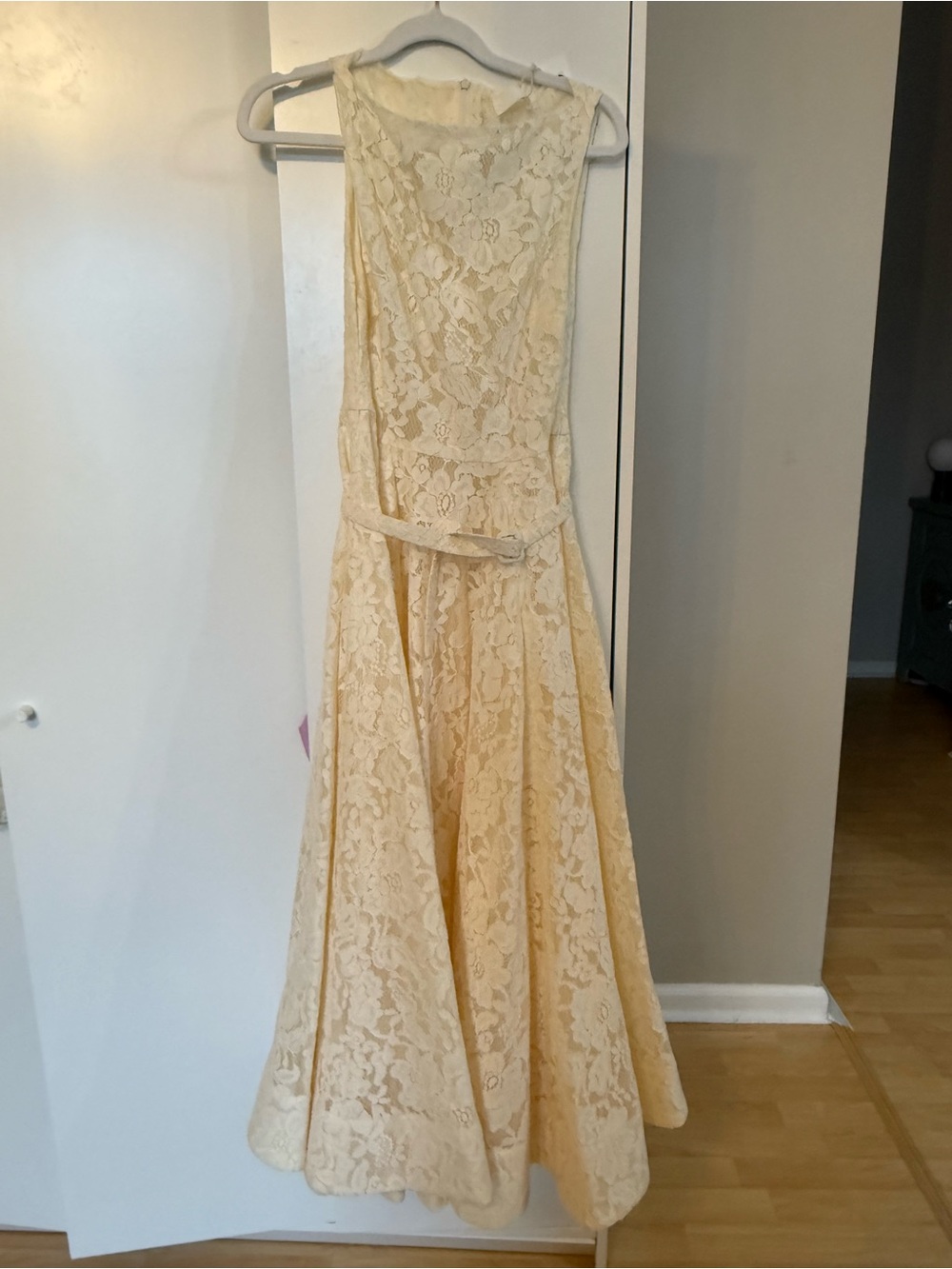 Sleeveless Lace Fit-and-Flare Dress in Cream